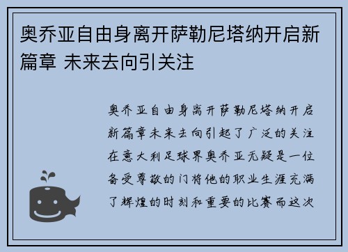 奥乔亚自由身离开萨勒尼塔纳开启新篇章 未来去向引关注