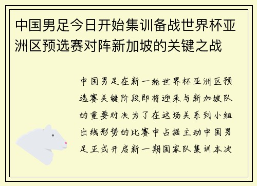 中国男足今日开始集训备战世界杯亚洲区预选赛对阵新加坡的关键之战 中国男足今日开始集训备战世界杯亚洲区预选赛对阵新加坡的关键之战